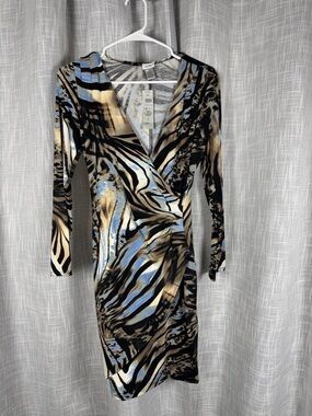 Cache y2k faux Wrap Tropical Palm print Long Slv Knit Dress Womens Medium NWT